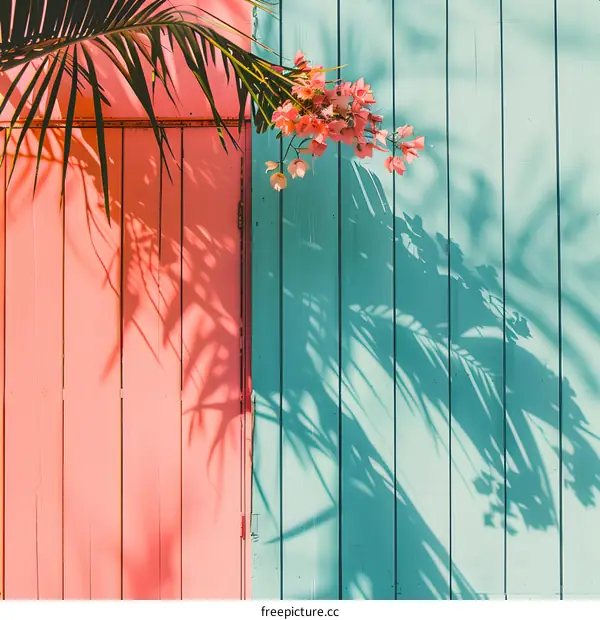 Pink and Blue Wooden Wall with Palm Tree Shadow