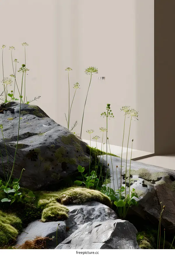 Minimalist Nature Scene With Rocks and Flowers