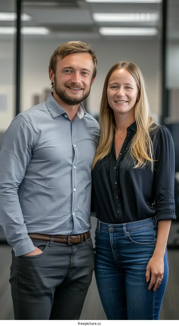 Portrait of a smiling young man and woman standing together in an office