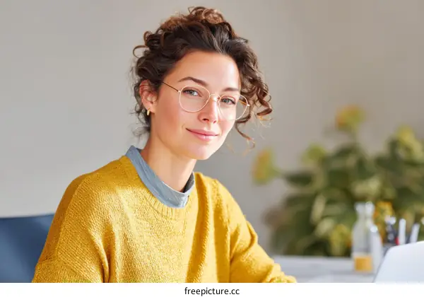 Smiling Woman in a Mustard Yellow Sweater