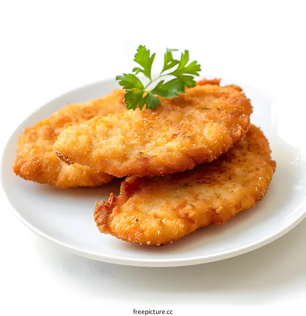 Three pieces of fried chicken on a white plate