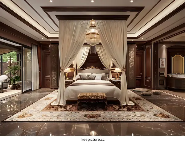 Luxurious Master Bedroom with Canopy Bed, Sitting Area, and Marble Floor