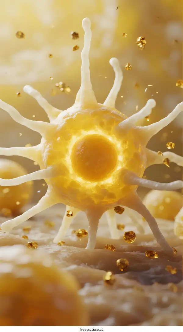 A close-up view of a glowing immune cell with extending pseudopodia