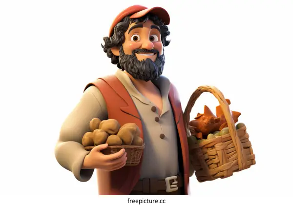 A happy farmer holding two baskets full of vegetables