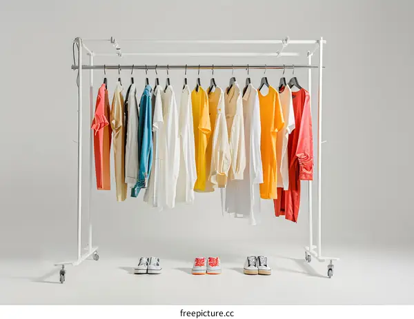White Clothes Rack with Colorful Clothes and Sneakers
