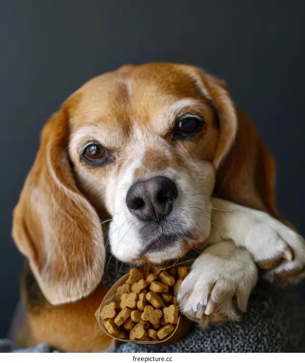 A cute beagle dog resting its chin on a pile of dog food