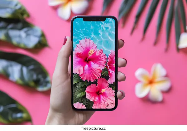 Hand Holding a Smartphone with Hibiscus Flowers Wallpaper