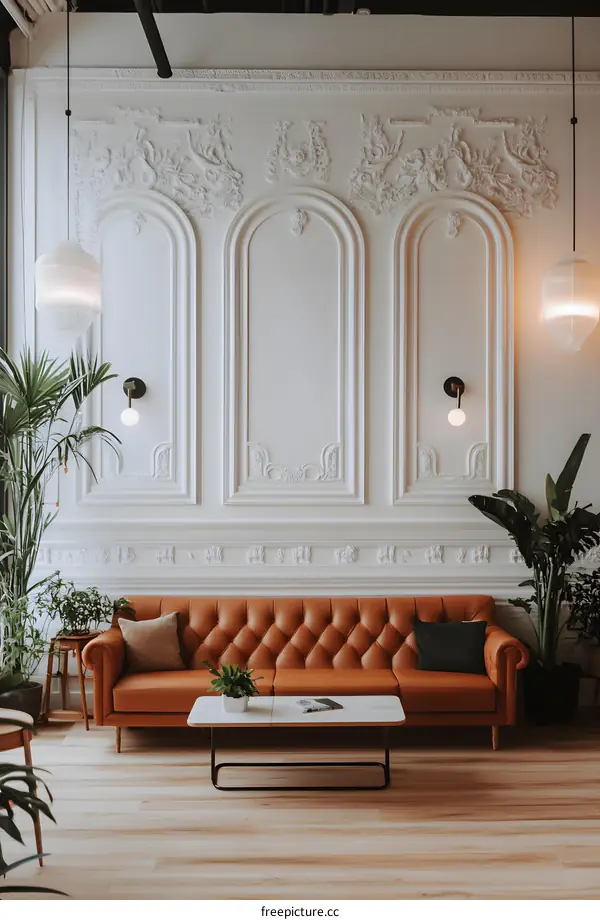 Elegant Living Room Interior Design with White Walls and Brown Leather Sofa