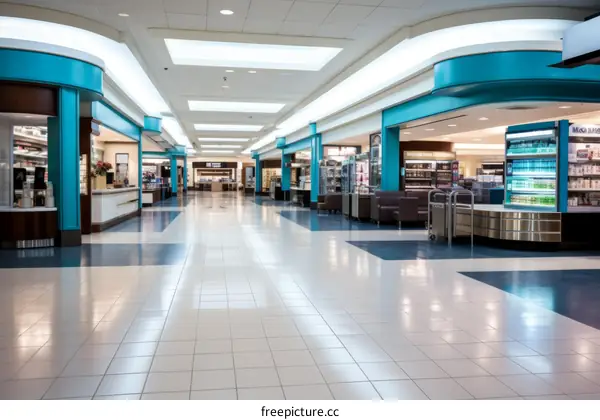 An Empty Airport Terminal with Blue Walls and a Tiled Floor