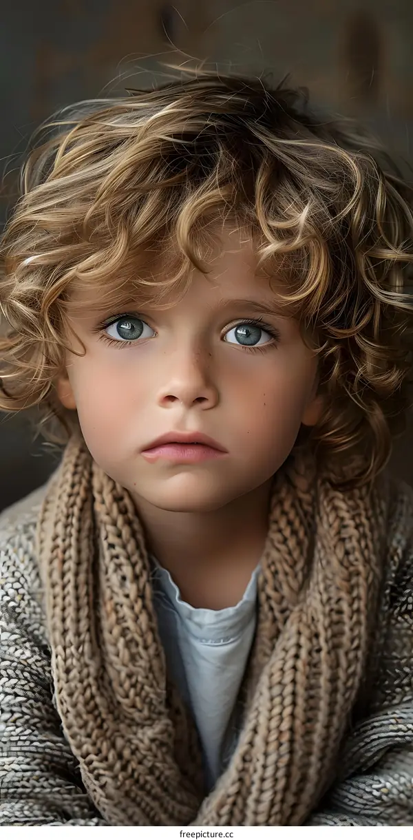 Portrait of a boy with curly blond hair and green eyes