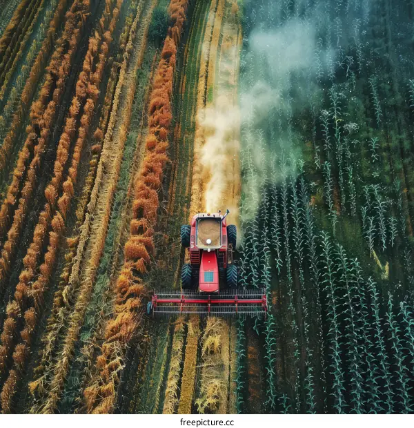 Red tractor harvesting golden wheat field from above