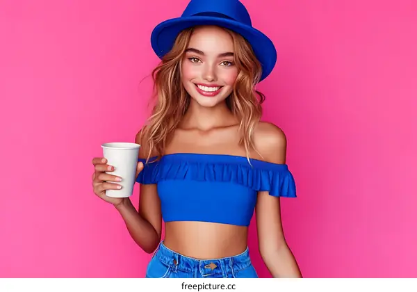 Stylish Woman in Blue Outfit against Pink Background