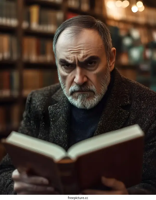 Serious Old Man Reading Book in Library
