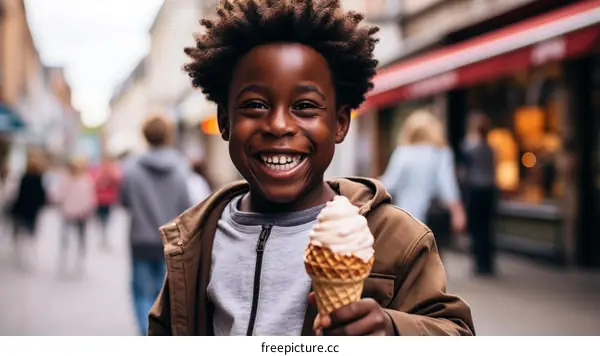 Portrait of a happy African boy eating an ice cream cone
