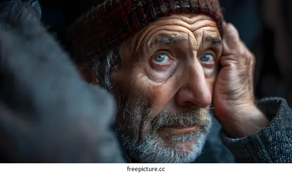 Portrait of an old man with a beard and a beanie