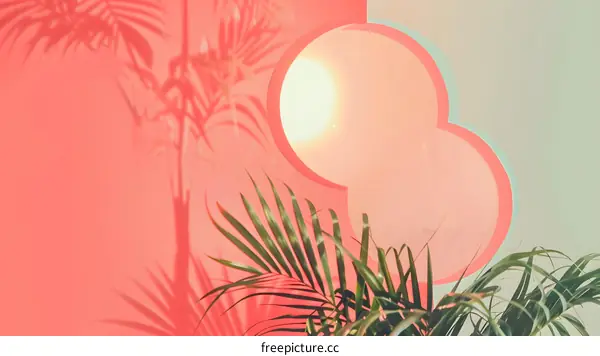 Tropical Palm Leaves Shadow On Coral Wall With Circular Cutout