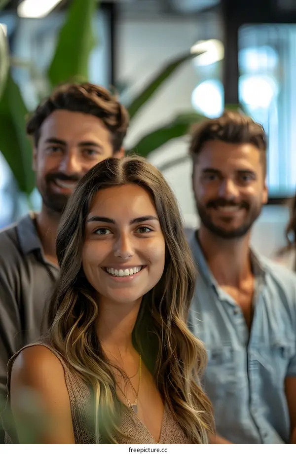 Smiling Business Team in Modern Office with Plants
