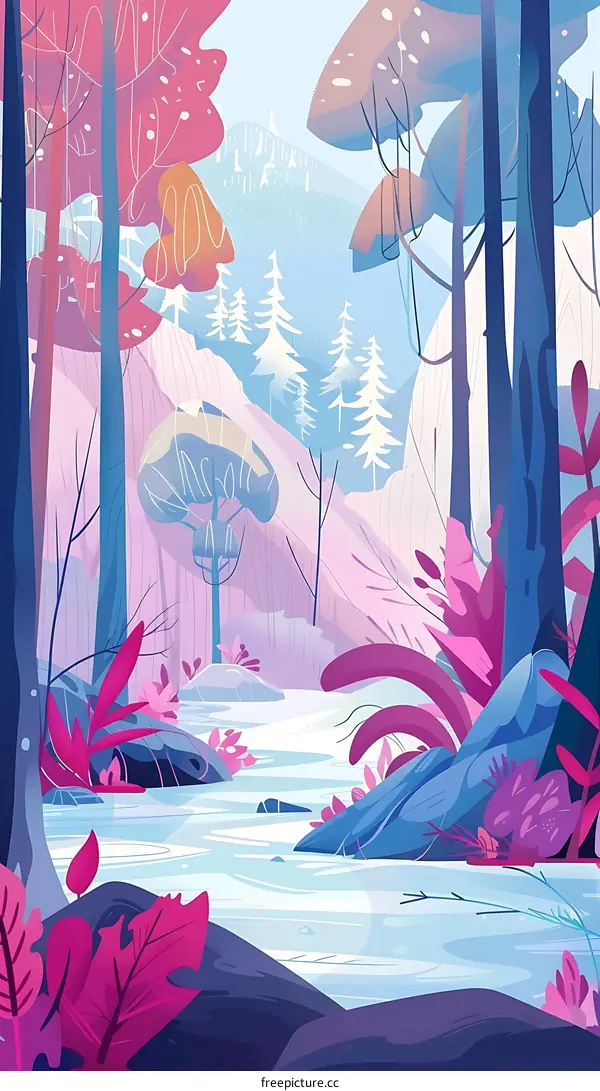 Forest Stream Illustration,  With Purple, Pink, Blue And White Colors