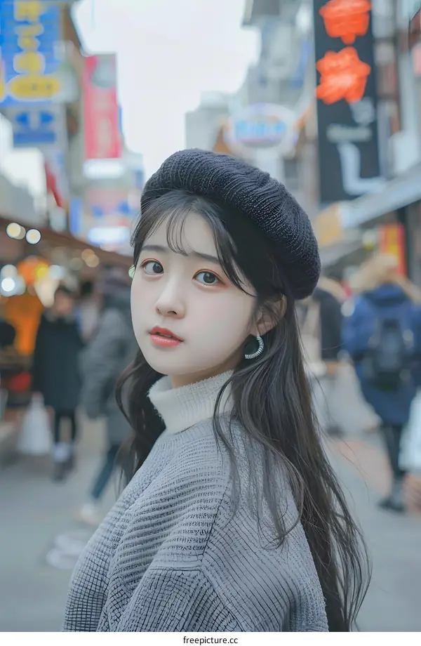 Young Asian Woman Wearing Grey Sweater and Black Beret