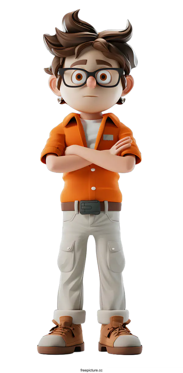 [Transparent Background PNG]3D Cartoon Illustration of a Person with Glasses and Crossed Arms