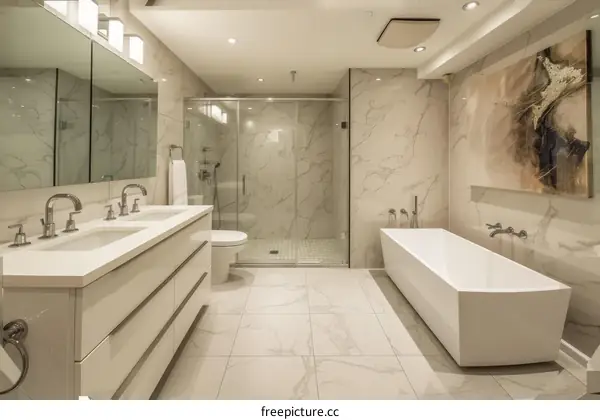 Modern bathroom with marble tiles and a large bathtub