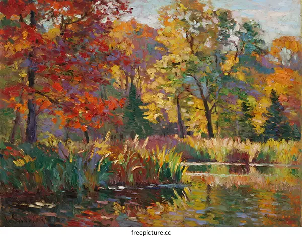 Autumn Landscape with Colorful Trees and Still Water Reflection