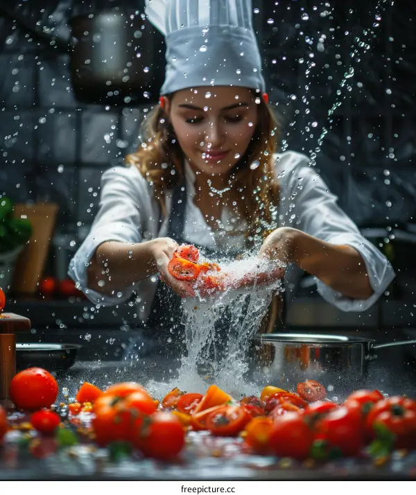 Female chef washing tomatoes under running water in commercial kitchen