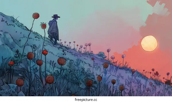 A lone figure walks up a hill at sunset