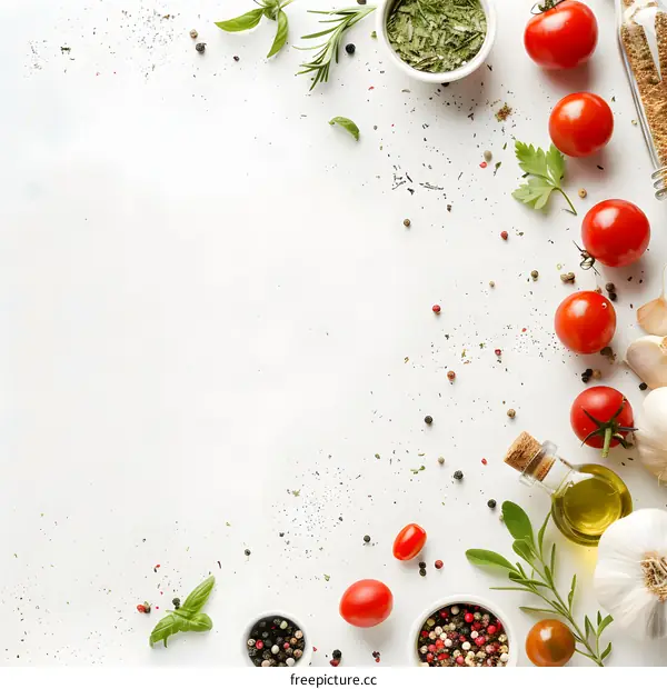 Food Background with Herbs, Tomatoes, and Spices