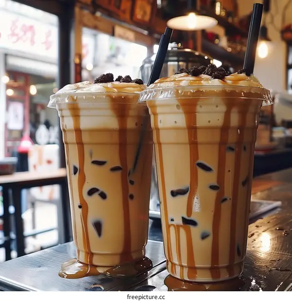 Iced coffee with milk and caramel sauce