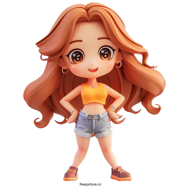 [Transparent Background PNG]Cute Cartoon Girl with Brown Hair and Yellow Top