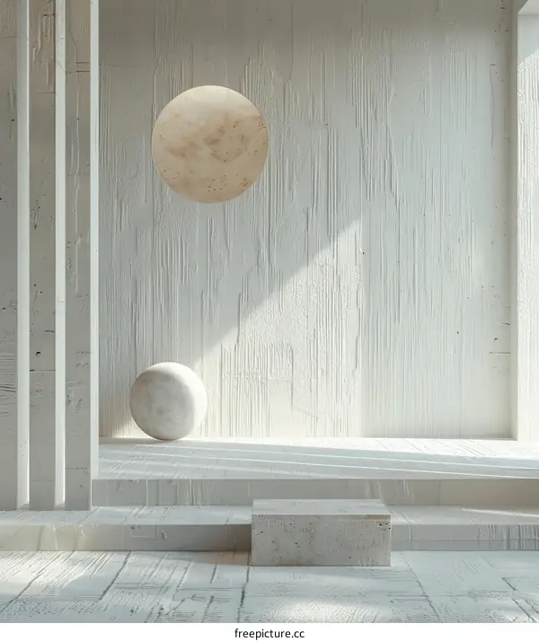 3D rendering of a minimalist room with a large sphere and a podium