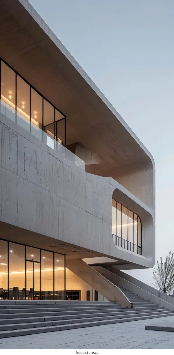 Curved Concrete Facade with Large Glass Window