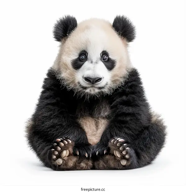 A cute panda bear cub sitting down with its paws in front of it