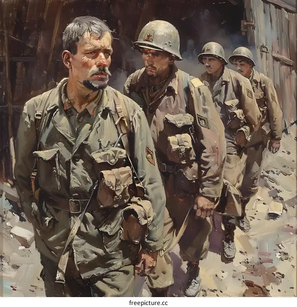 A group of soldiers in uniform walking through a destroyed city