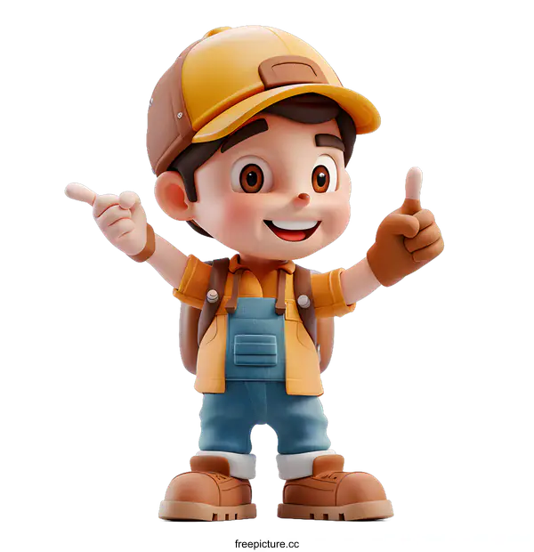 [Transparent Background PNG]Cute cartoon boy in hat and backpack pointing and smiling