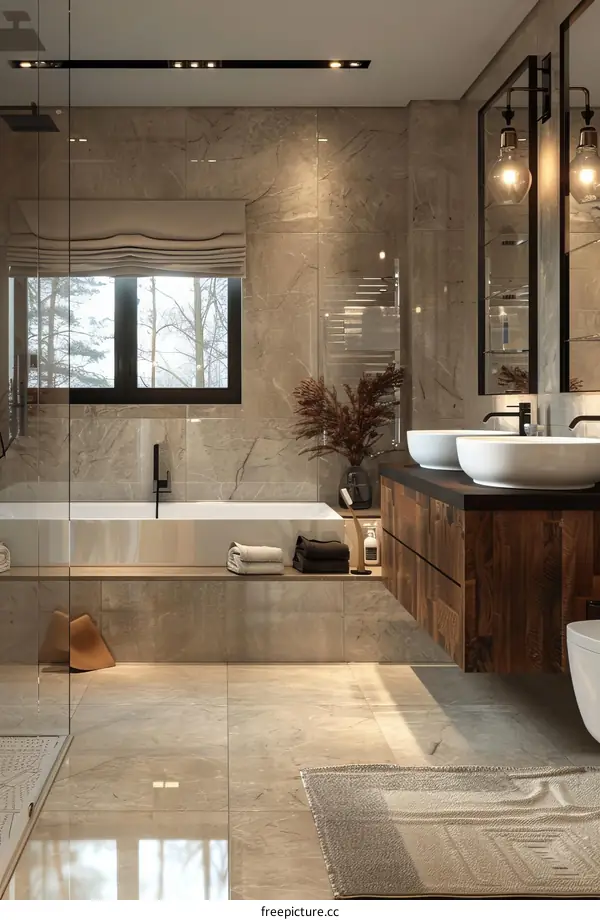 Bathroom interior with bathtub and large window