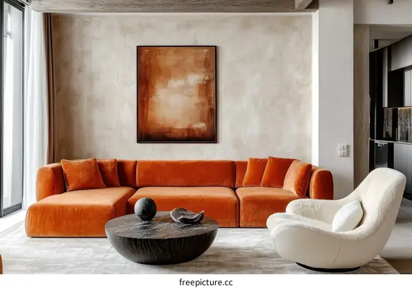 Modern Living Room Interior Design with Orange Sofa