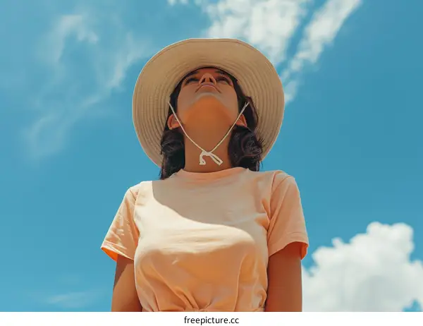 girl in hat looking up at the sky