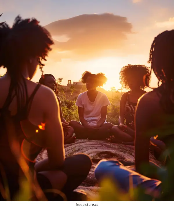 Group of Black Women Friends Sitting in Circle During Sunset