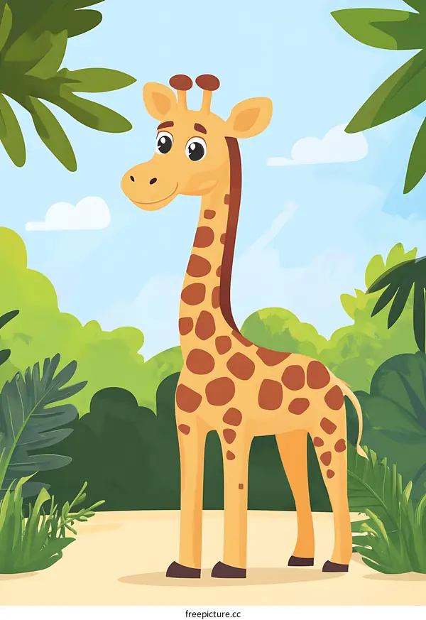 Cute Cartoon Giraffe In The Jungle