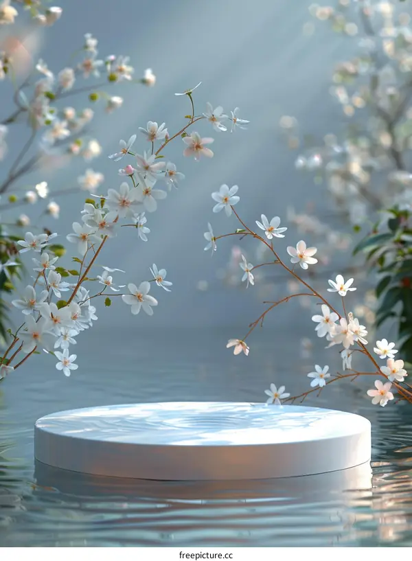 White podium with cherry blossoms for product display