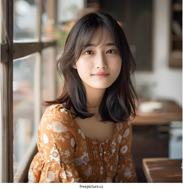 Young Asian Woman With Long Black Hair Looking At The Camera