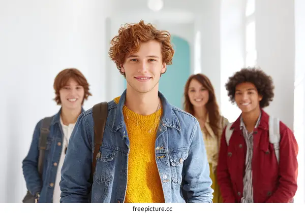 Smiling Students in a School Corridor