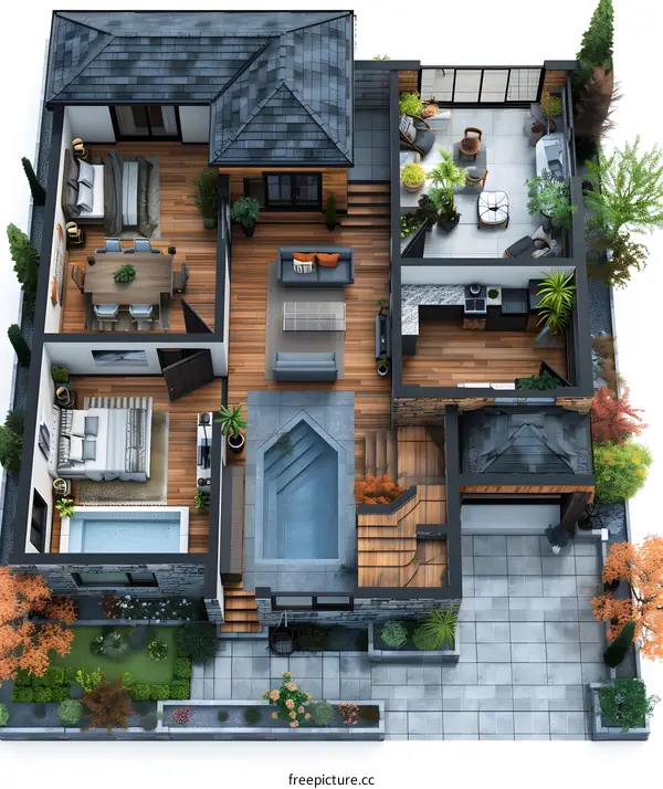 Modern house interior design with pool and terrace