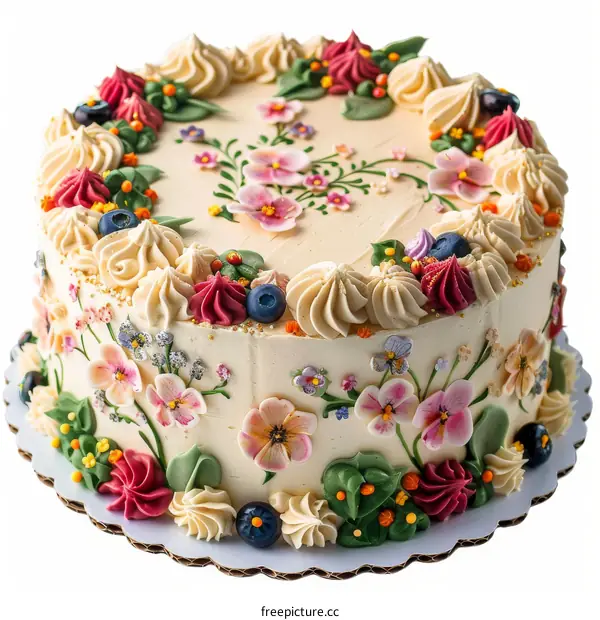 A cake decorated with flowers and leaves