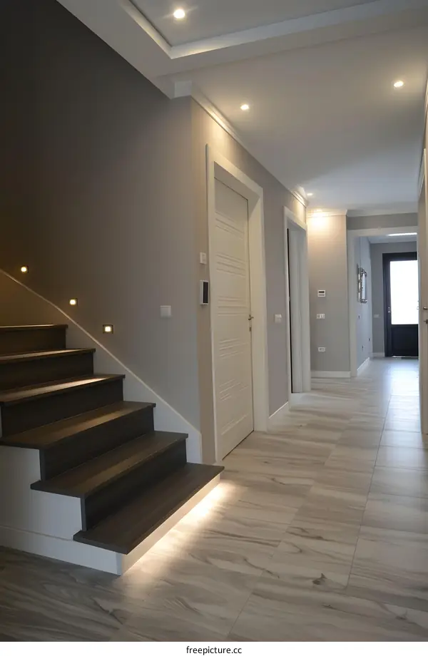 Modern Interior Design With Wood Stairs And White Doors