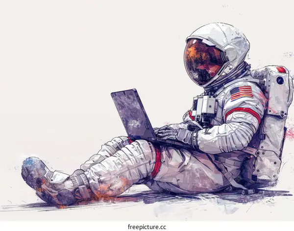 An astronaut is sitting on the ground and using a laptop.
