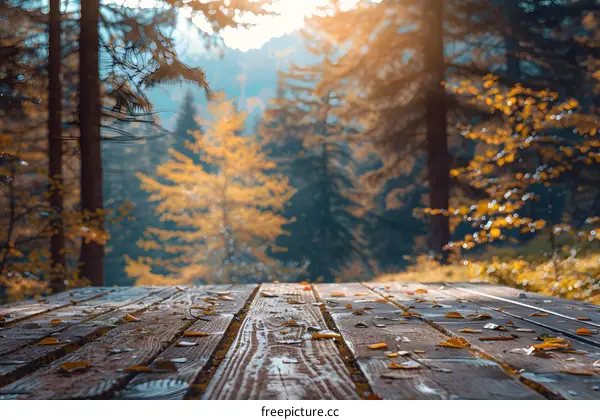 Wooden Deck In The Forest With Autumn Leaves