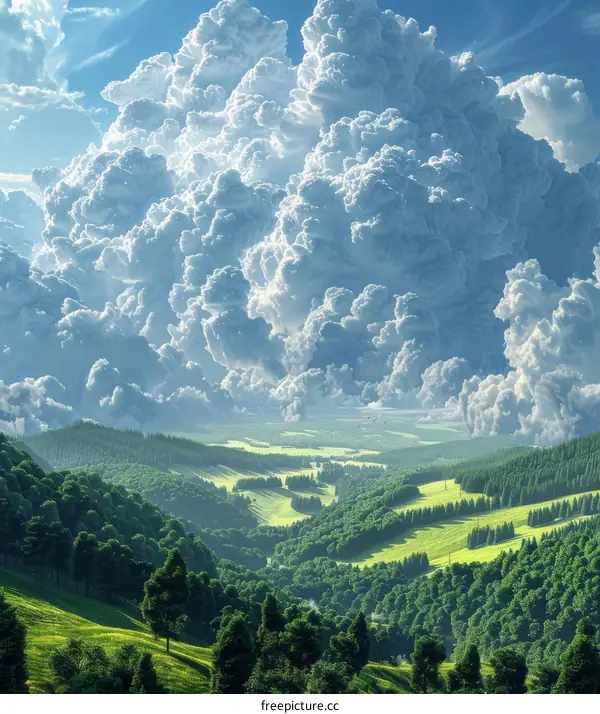 Sunlit Tranquil Green Hills and Forest Valley